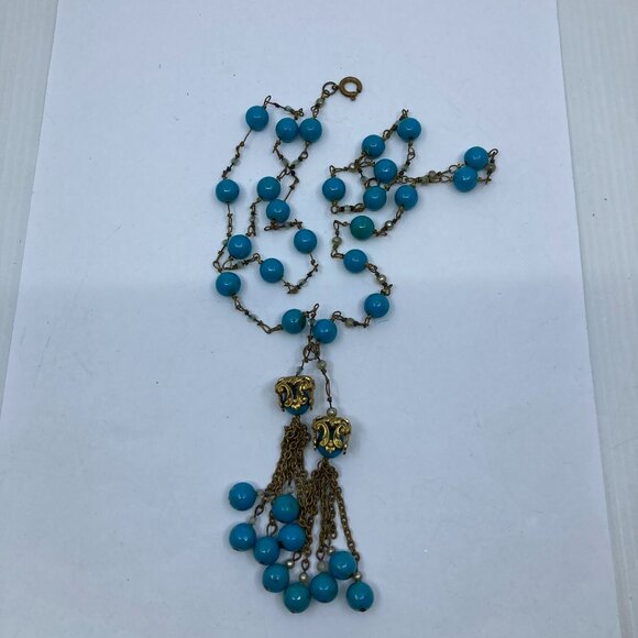 Vtg 1930s MIRIAM HASKELL ?  turquoise glass beads tassel lavalier necklace - Picture 1 of 6